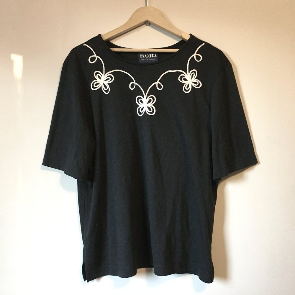 Exandra Black SS Top With White Floral Loop Collar -  L Canadian Chic